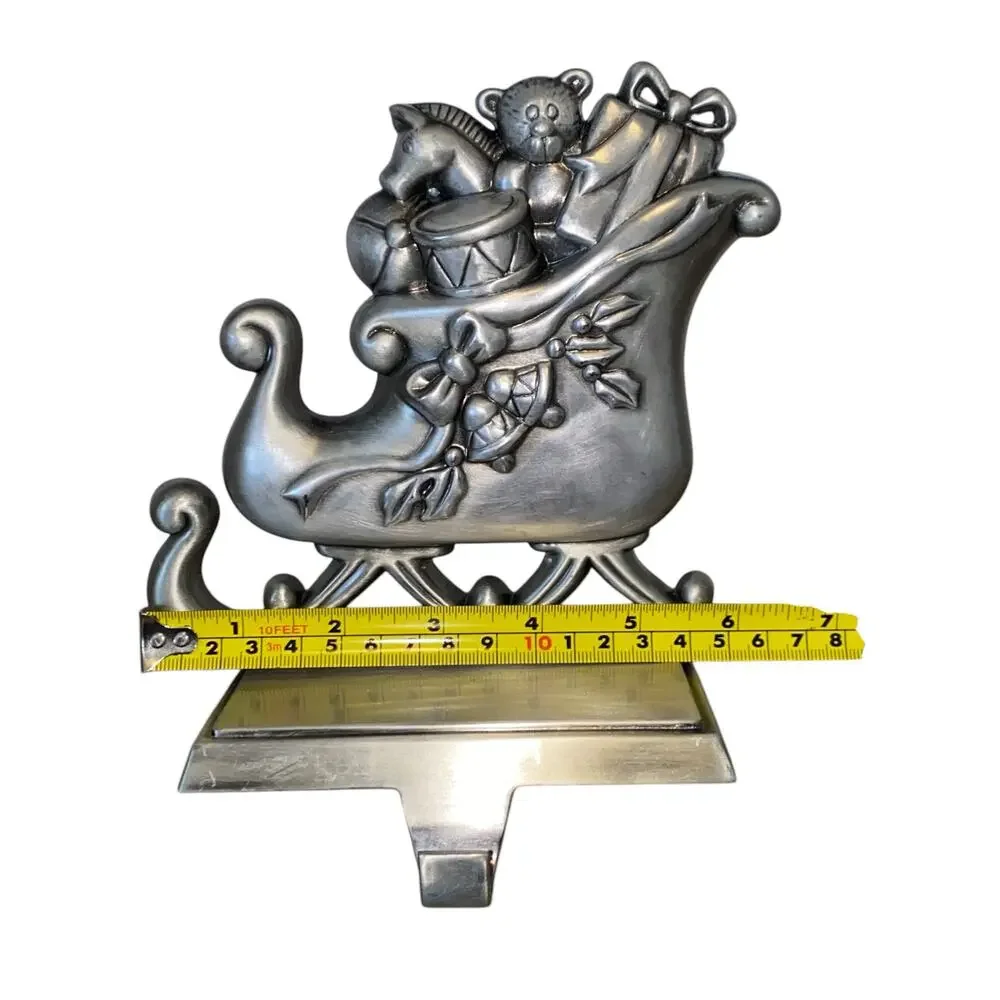 Set of 2 Santa's Sleigh Pewter Finish Christmas Stocking Hanger Hook Santa Claus